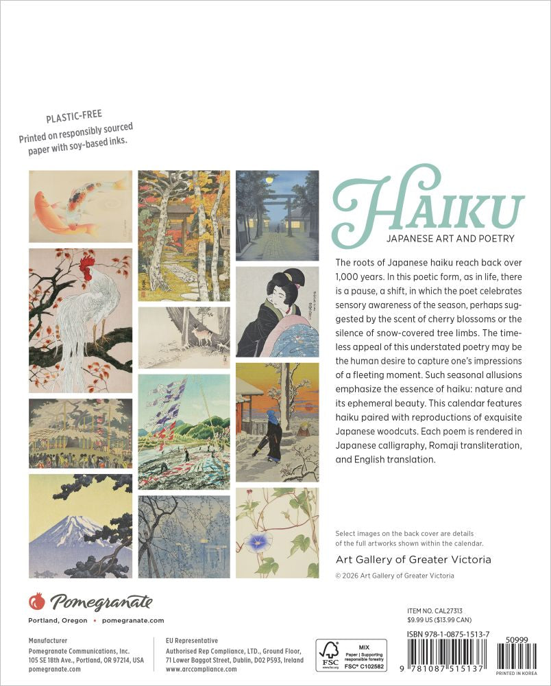 Back cover of calendar featuring Japanese art and poetry with text about haiku.