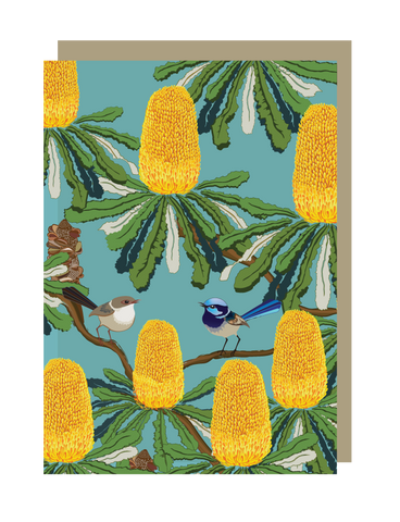 Card with yellow banksia flowers and birds on a blue background