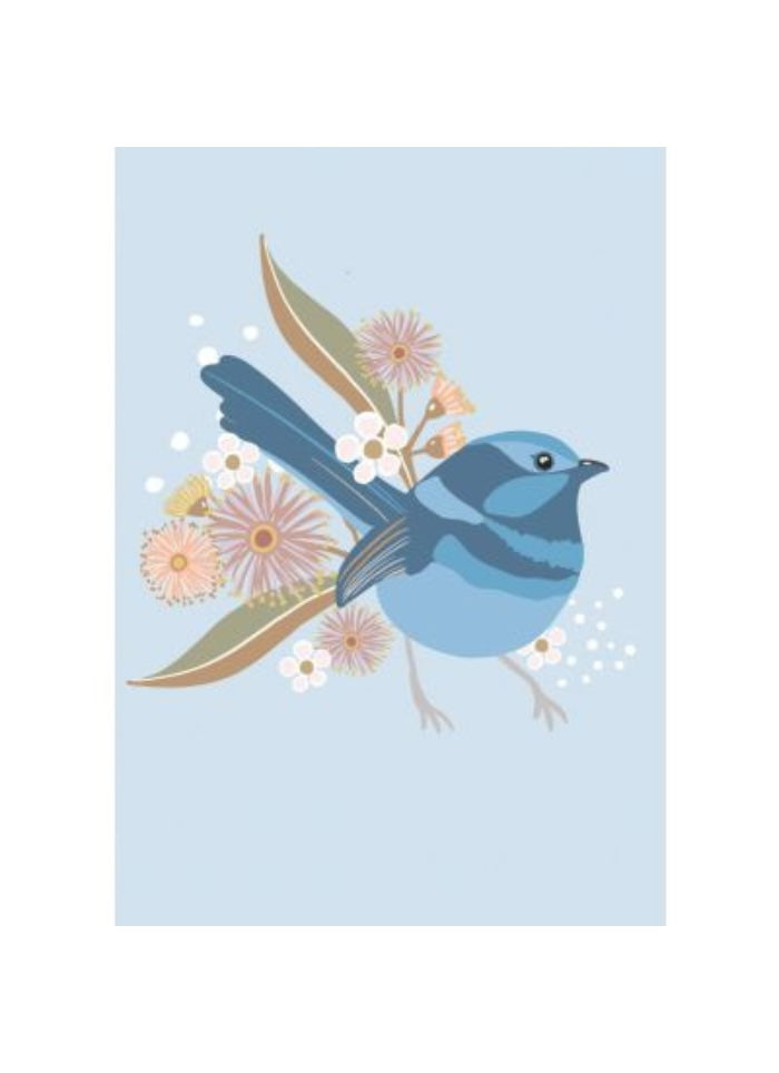 Illustration of a blue bird with flowers on a light blue background