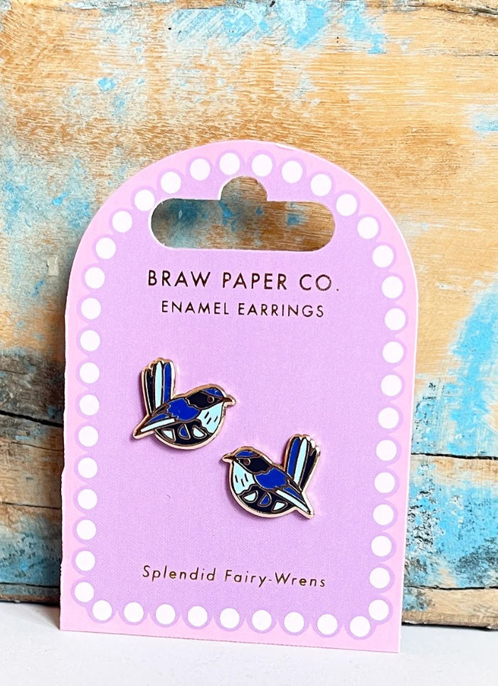 Enamel earrings on a Braw Paper Co branded card against a wooden background