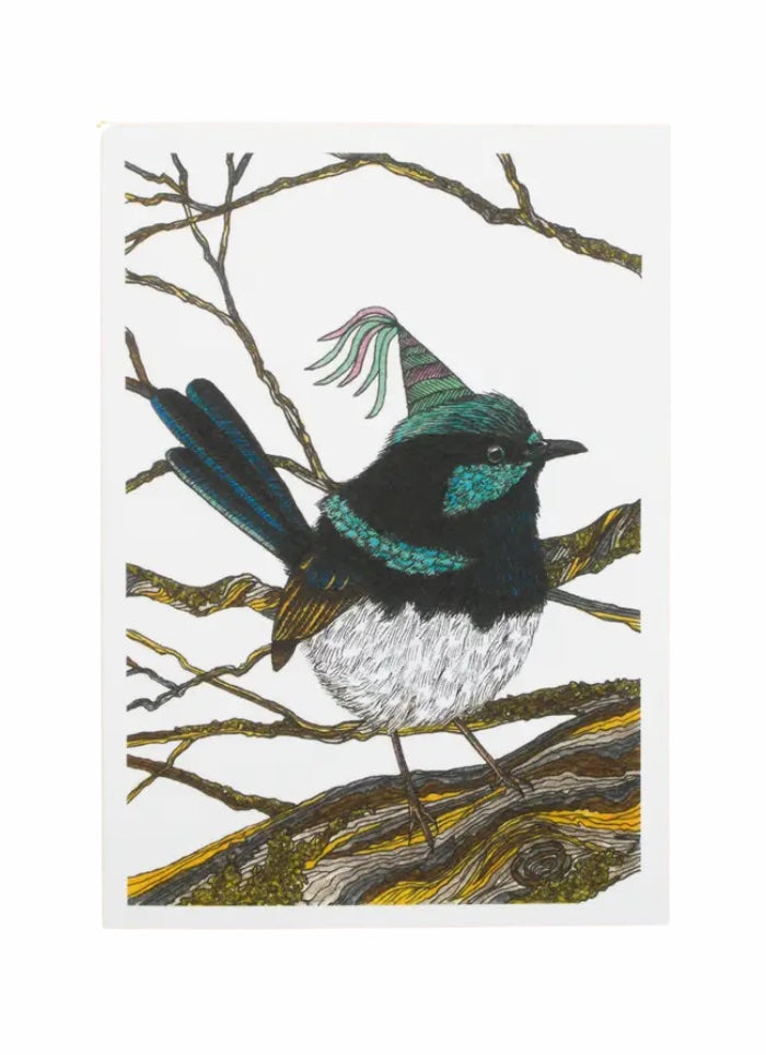 Illustration of a bird with a colorful hat perched on branches