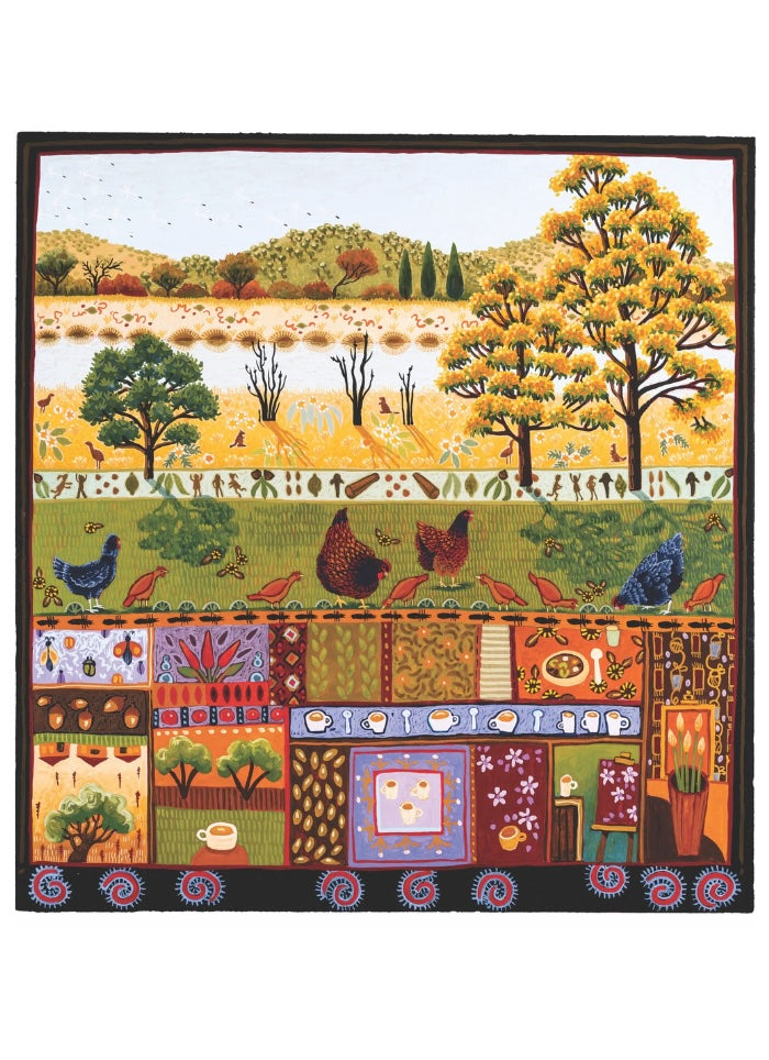 Multicolored tapestry with a landscape design featuring trees, animals, and buildings.