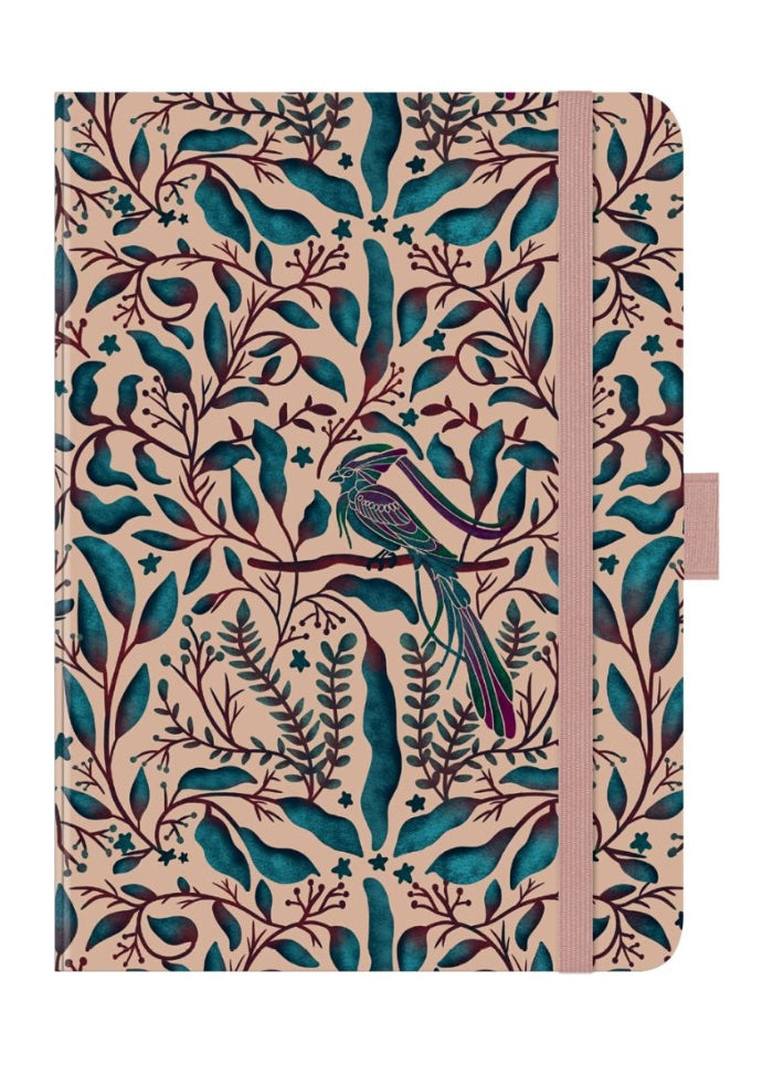 Notebook with a decorative cover featuring birds and foliage on a beige background