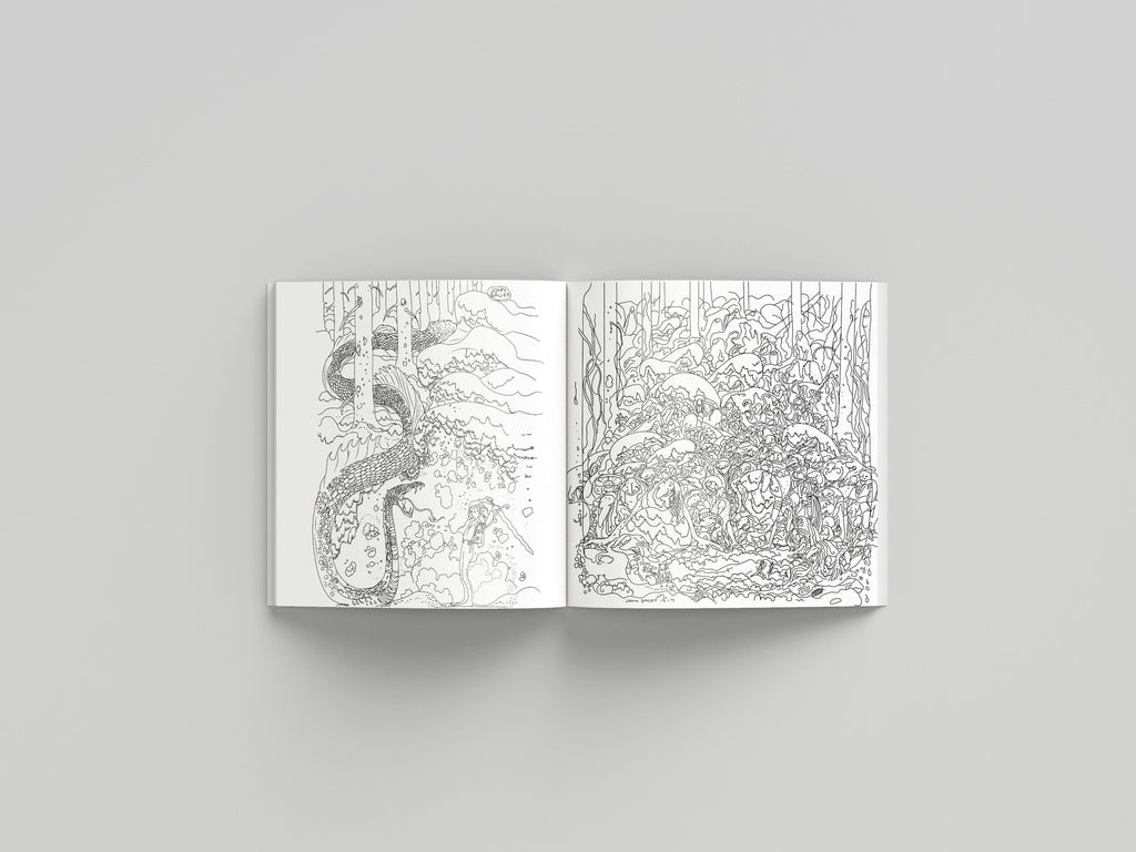 Open book with black and white line art on a gray background