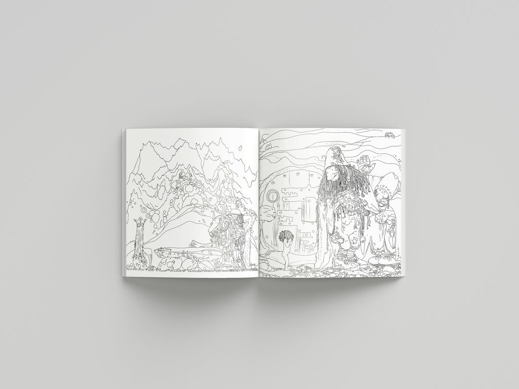 Open book with black and white illustrations on a gray background