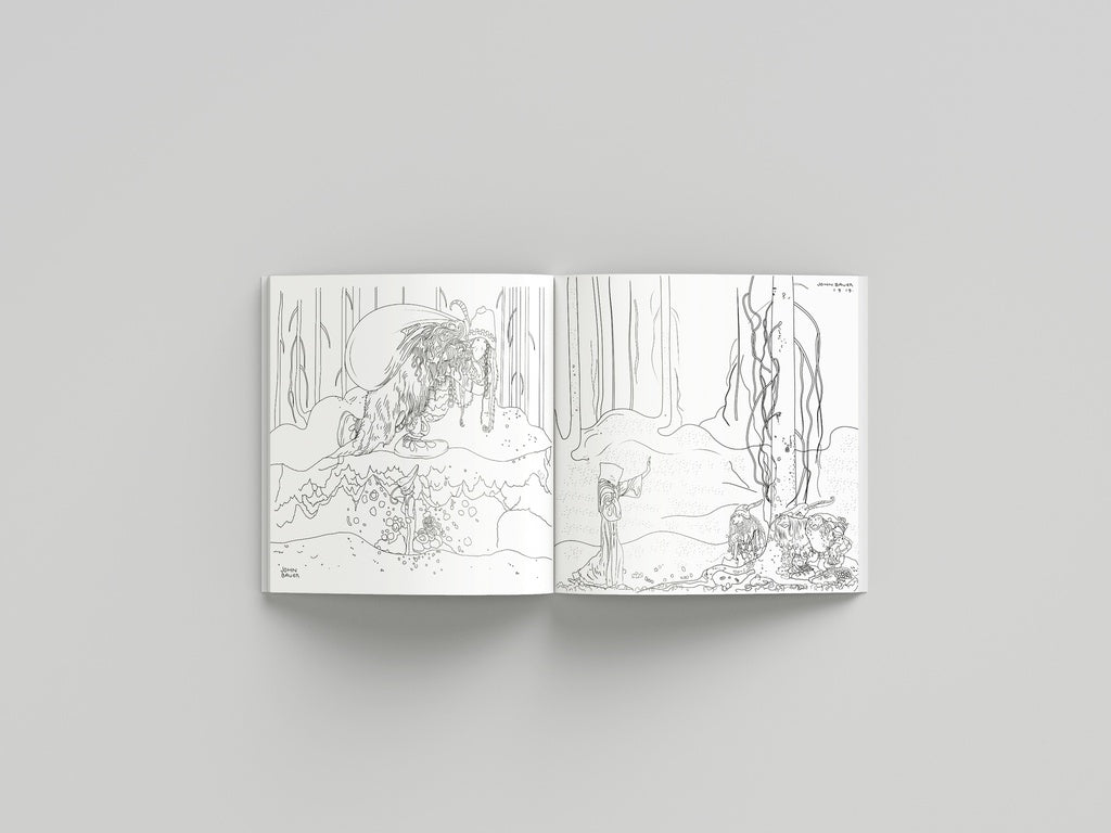 Open book with black and white line art illustrations on a gray background