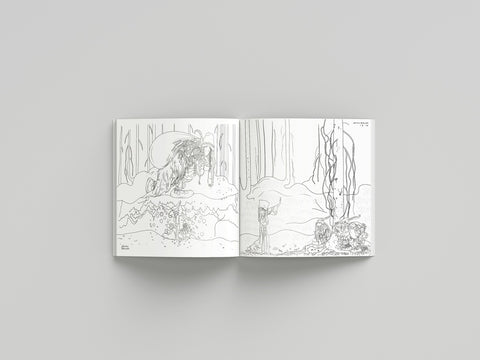Open book with black and white line art illustrations on a gray background