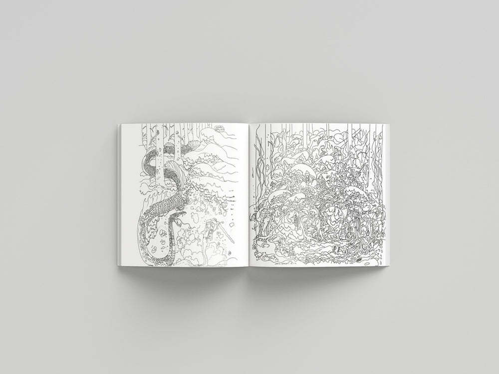 Open book with black and white line art on a gray background
