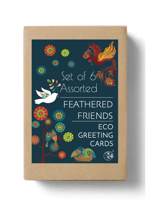 A brown box with a dark blue label and abstract bird and tree designs.
