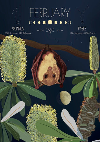 Illustration of a bat hanging among plants with astrological elements and moon phases on a dark blue background.