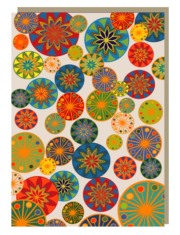 A colourful card with abstract circular designs