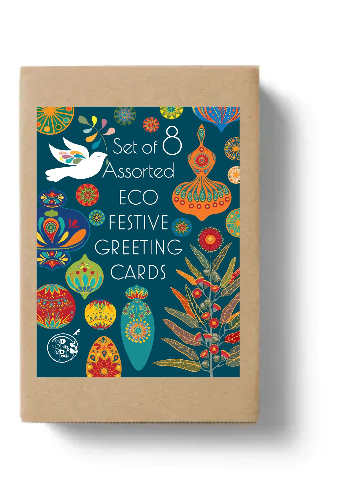 Brown box with a green label with a peace dove and Christmas baubles