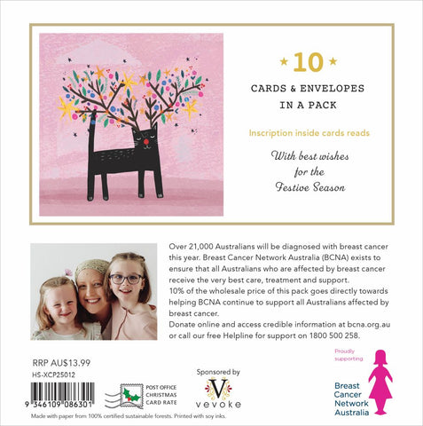 Product packaging with a reindeer illustration and text about Breast Cancer Network Australia on a pink background.
