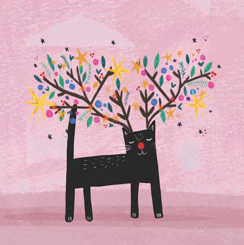 Illustration of a black cat with floral antlers on a pink background