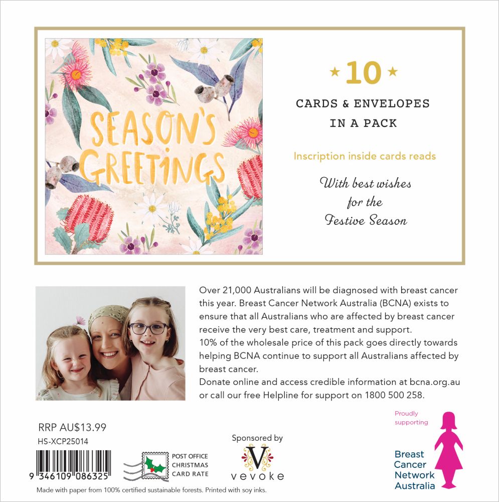 Packaging of greeting cards with a floral design and text about Breast Cancer Network Australia.