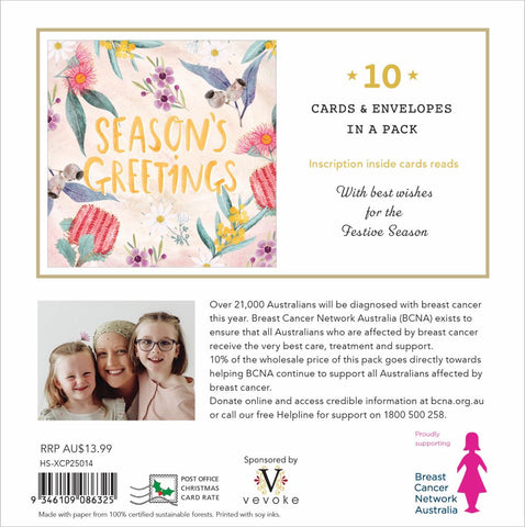 Packaging of greeting cards with a floral design and text about Breast Cancer Network Australia.