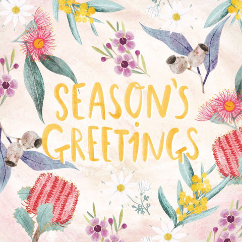 Season's Greetings card with floral design on a light background