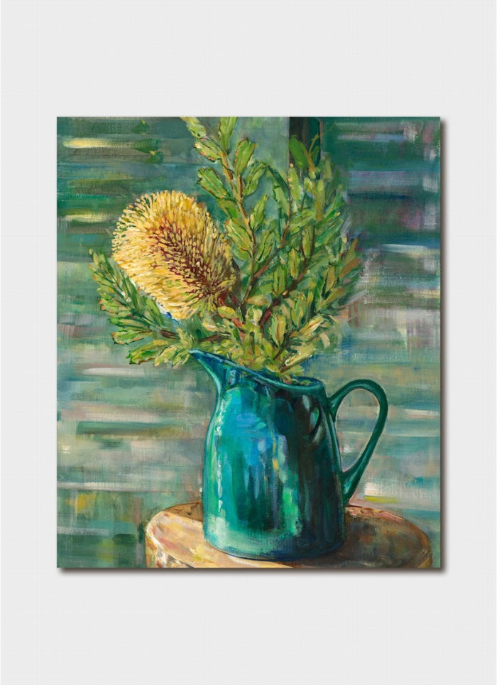 Artistic depiction of a green pitcher with flowers on a textured background