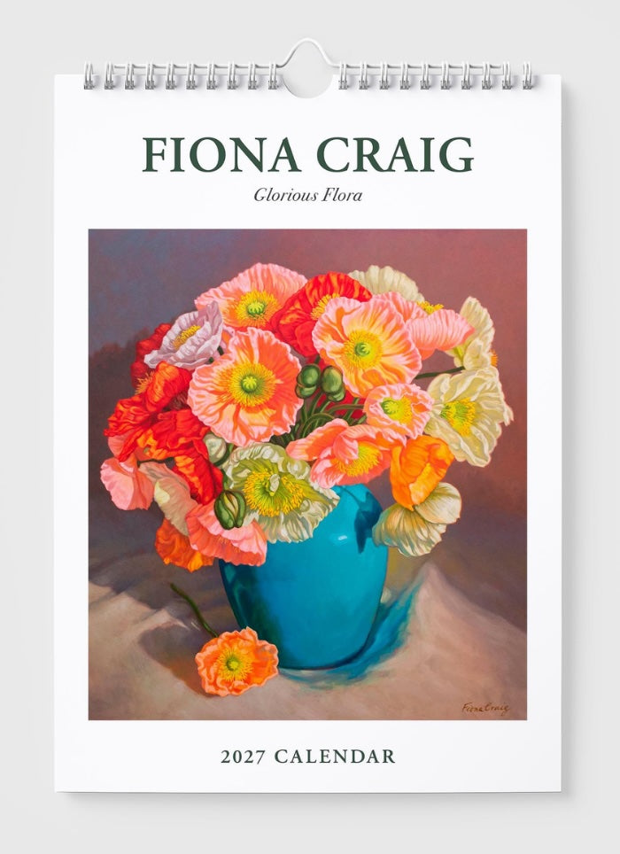 Fiona Craig 2027 calendar with a painting of flowers in a blue vase on a white background
