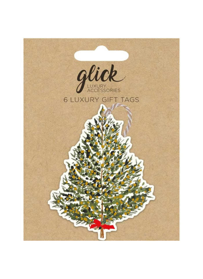 Pack of Glick luxury gift tags with a Christmas tree design on a brown card.
