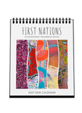 2027 Desk Calendar by First Nations Contemporary Indigenous Artists with colorful abstract designs on a white background