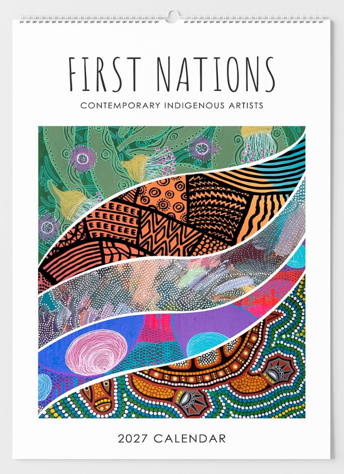2027 calendar cover with abstract patterns and 'First Nations' text on a white background