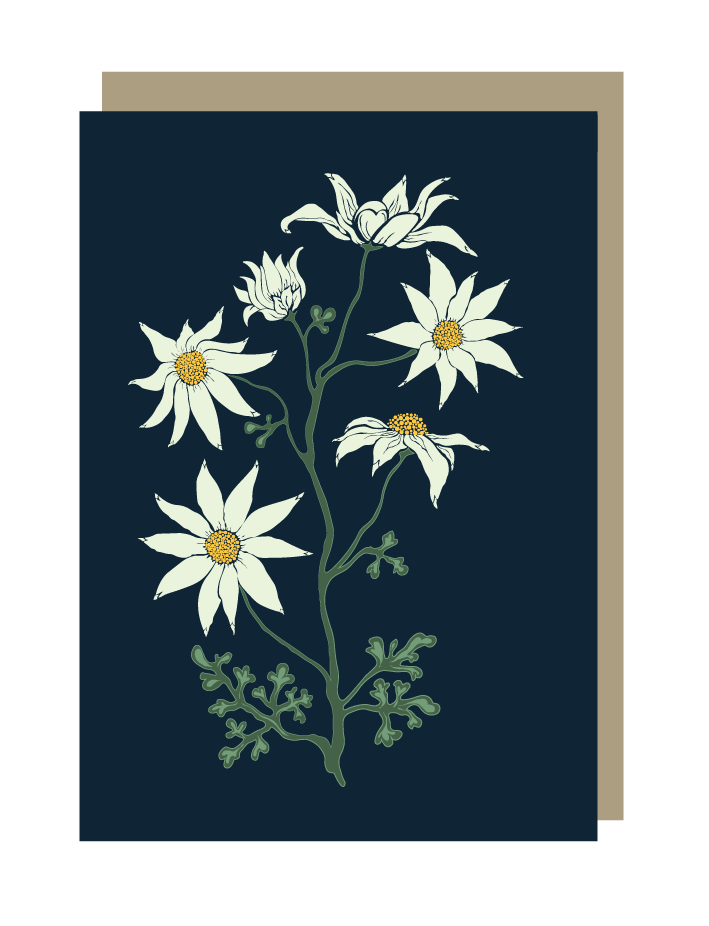 Floral card with white flowers on a dark blue background