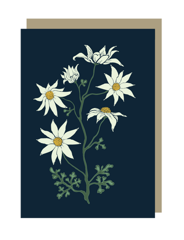Floral card with white flowers on a dark blue background