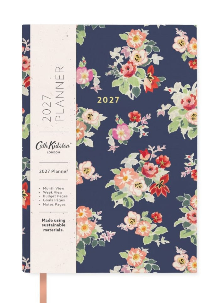 Front cover of Cath Kidston diary with nave background and pink and red roses.
