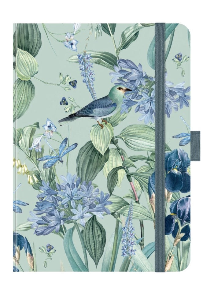Notebook with floral and bird design on a light green background