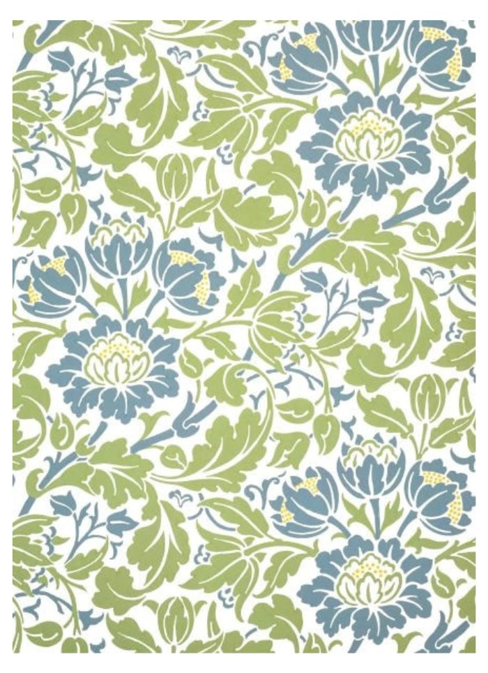 Floral pattern with blue and green flowers on a white background