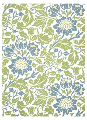 Floral pattern with blue and green flowers on a white background