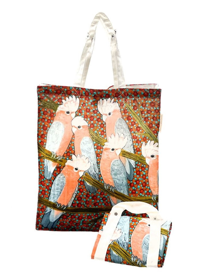 Foldable cotton bag with artwork by Kathleen Buzzacott - Galahs