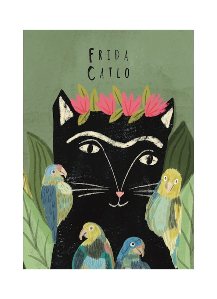 Illustration of a black cat with floral crown surrounded by colorful birds on a green background, featuring the brand 'Frida Catlo'.