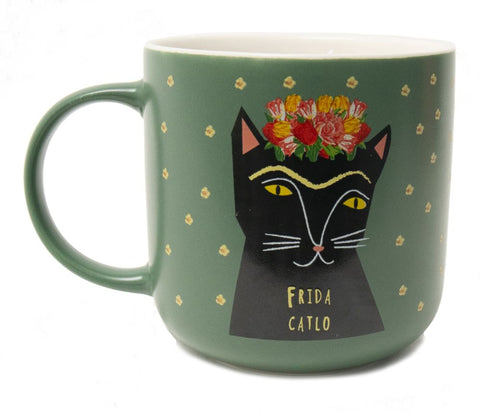 A black mug with white stars and a cat with  a lightning mark on its face says Kitty Stardust - art by Niaski.