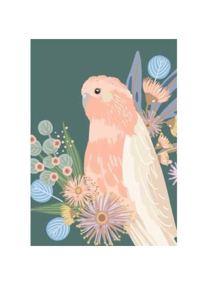 Illustration of a pink cockatoo surrounded by flowers on a dark green background