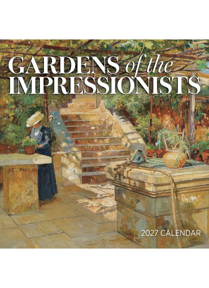 Calendar cover featuring artwork of a garden scene with a woman and impressionist style.