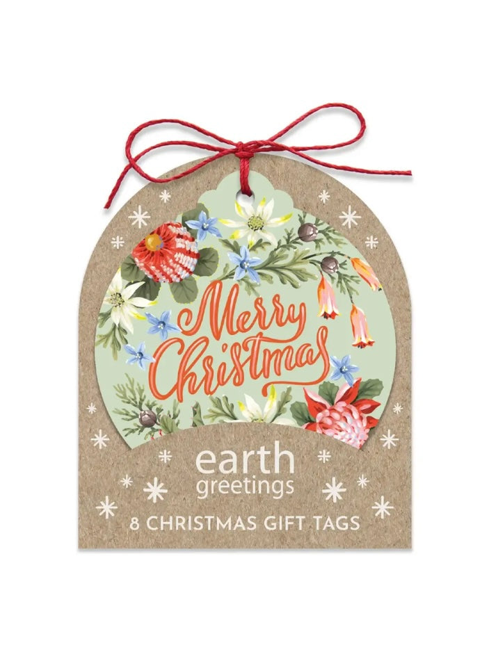 Christmas gift tag with floral design and 'Merry Christmas' text on a white background