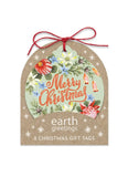 Christmas gift tag with floral design and 'Merry Christmas' text on a white background