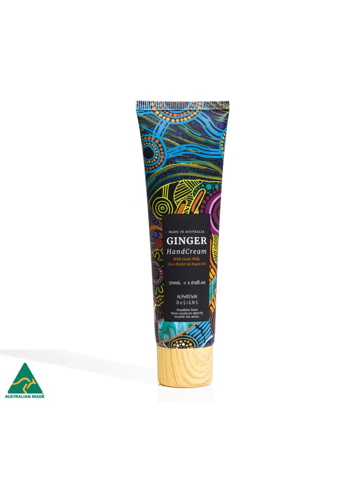 A hand cream tube with an indigenous design in blue and other colours