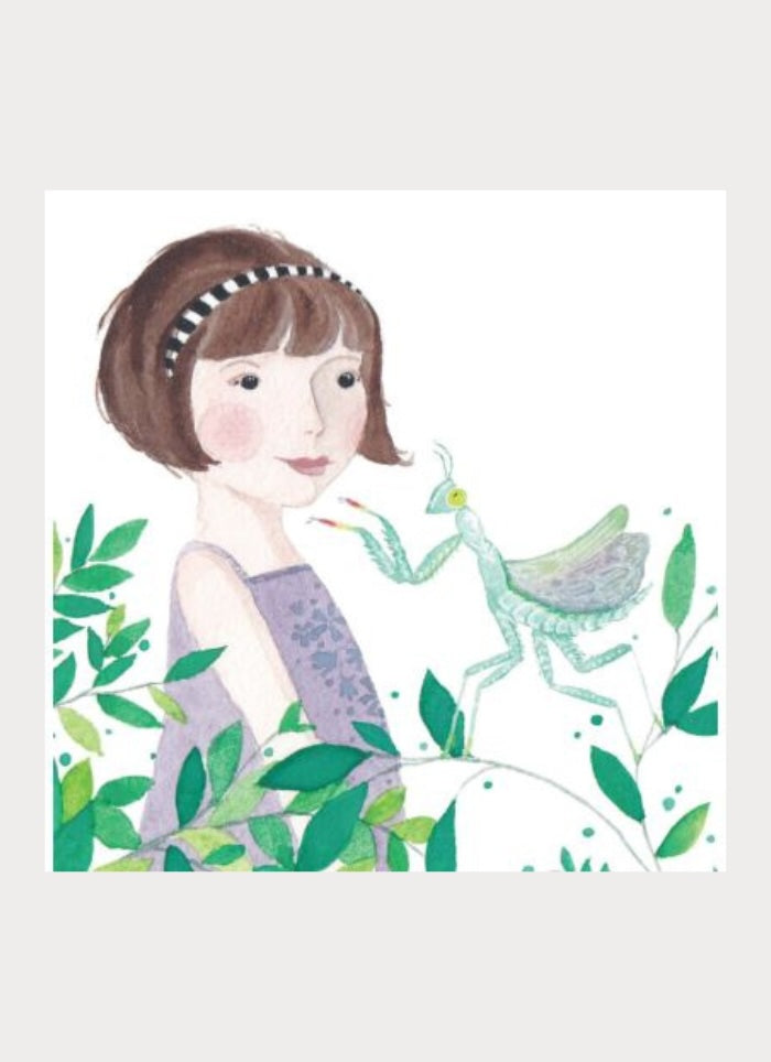 Illustration of a girl with a bird and leaves on a white background