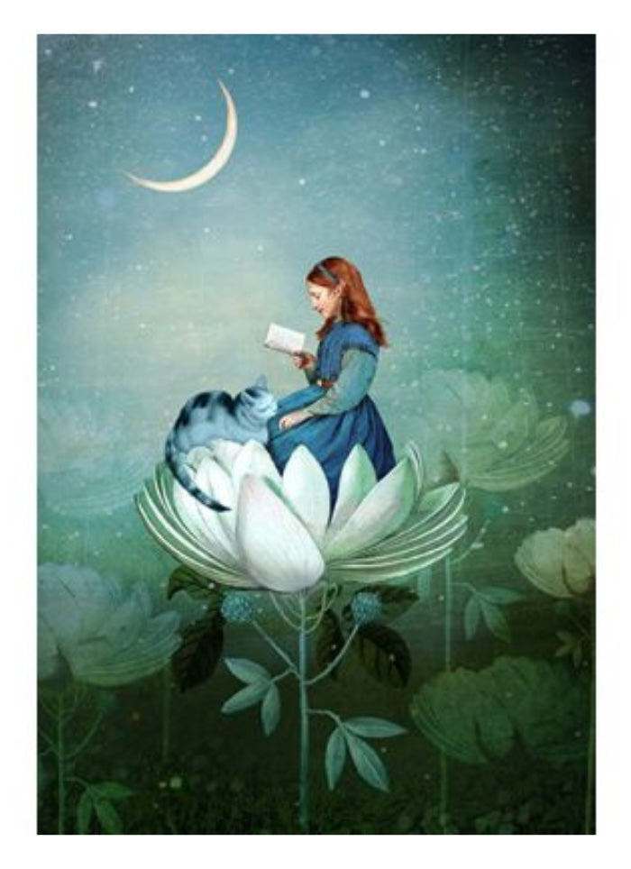 Woman reading to a cat on a floating flower with a crescent moon and starry sky.