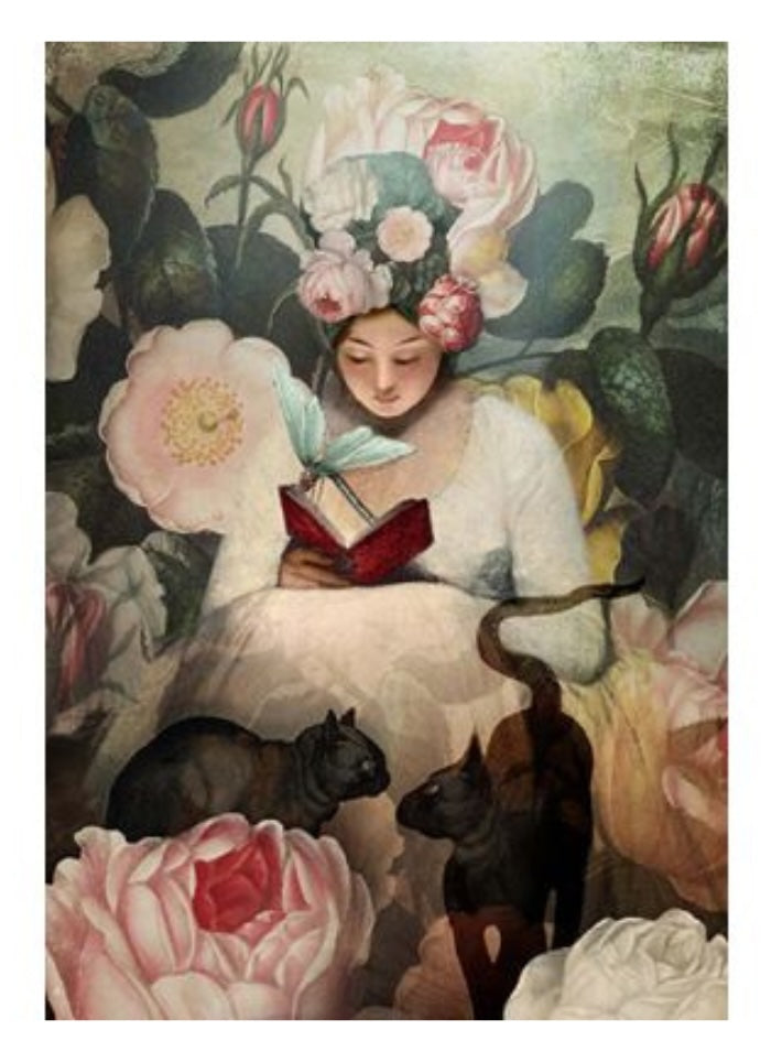 Woman reading a book surrounded by flowers and cats in a decorative setting