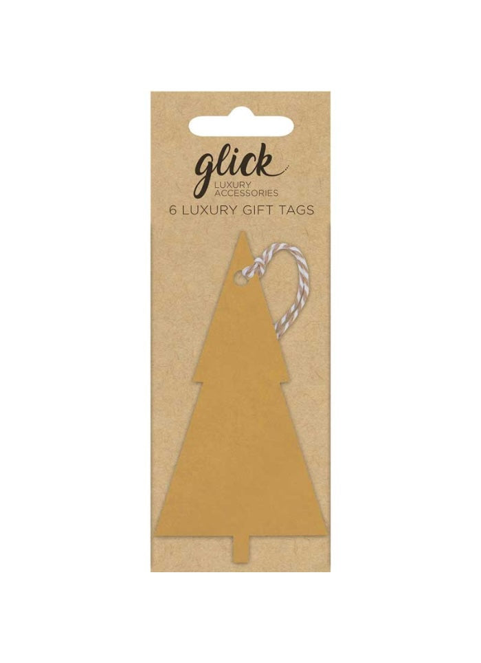 Pack of gold tree-shaped gift tags with a silver loop on a brown card, branded 'glick'.