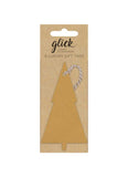 Pack of gold tree-shaped gift tags with a silver loop on a brown card, branded 'glick'.
