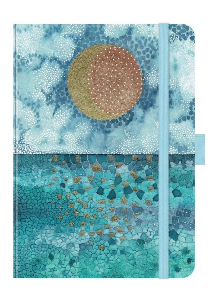 Notebook with a colorful design featuring a sun and abstract patterns on a blue background.
