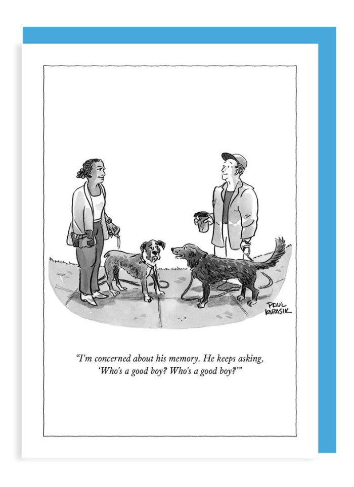 Cartoon with two people and two dogs on a leash, with text about a dog's memory.
