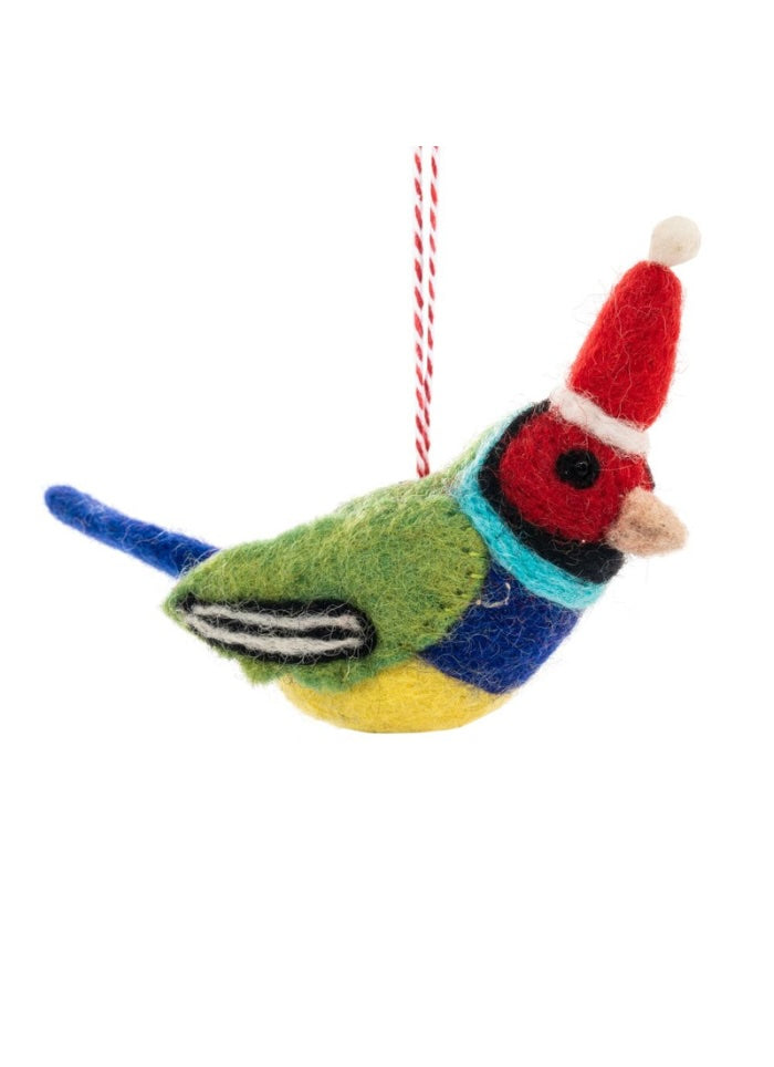 Colorful bird-shaped ornament with a Santa hat on a white background