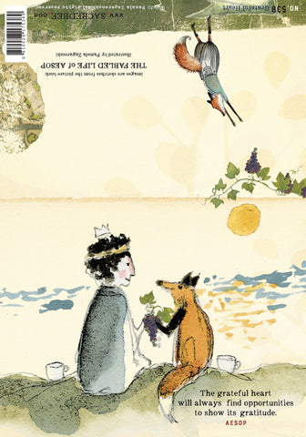 Illustrated book cover with a fox and a woman, featuring a fox and a woman with a bird.