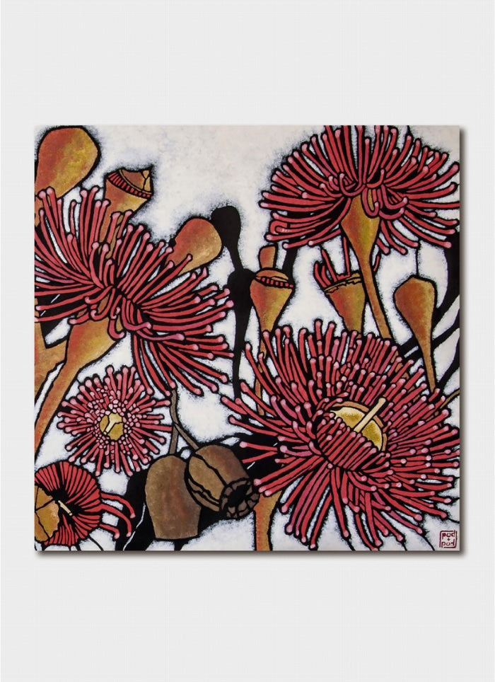 Artistic depiction of red flowers with brown centers on a white background